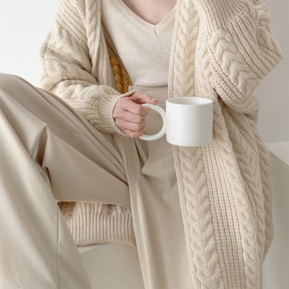 Twist cardigan sweater cable knit cream beige womens knit long sleeve - Picture 4 of 11